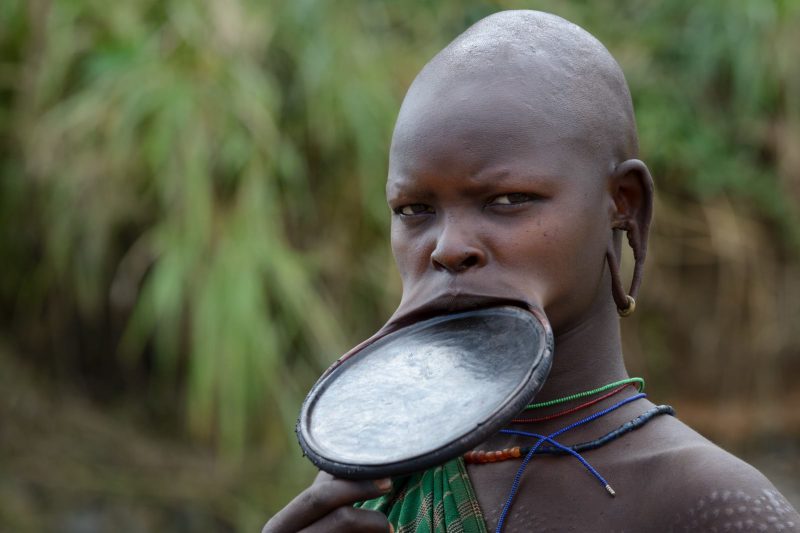 Jeune femme Suri arborant un labret d’environ 15 cm de diamètre, signe de richesse, vallée de l'Omo, Éthiopie, Afrique
