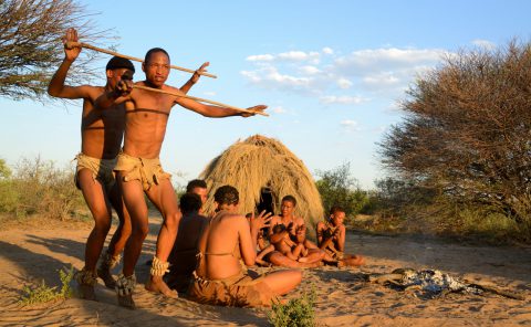 Danses et chants traditionnels des Naro San Bushmen, le soir autour d'un feu, Kalahari, région de Ghanzi, Botswana, Afrique